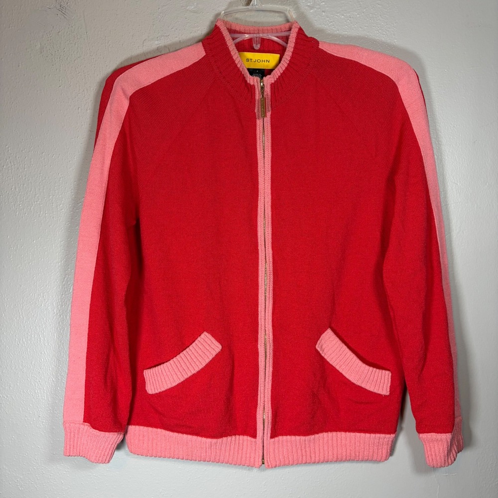 St John Sport Womens Red Pink Colorblock Full Zip Knit Sweater Jacket Small S